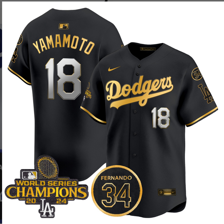 Men MLB Los Angeles Dodgers #18 Yamamoto black 2024 World Series Champions Patch Limited Jersey